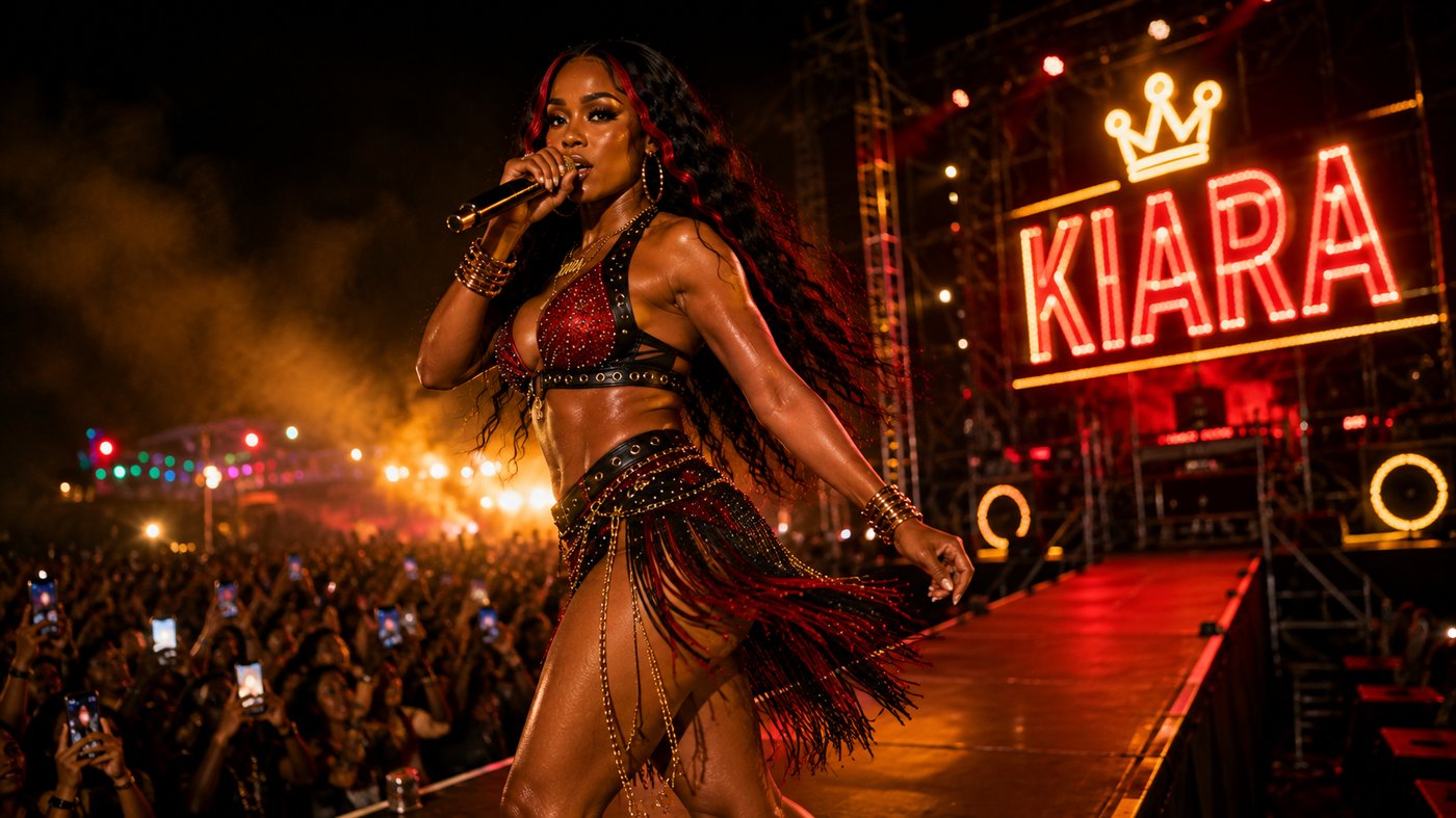 Kiara Reign walks a catwalk over a festival crowd at night, a red KIARA neon sign glowing behind her.