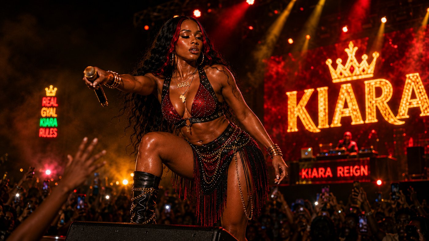 Kiara Reign crouches at the stage edge above a crowd of raised phones, a KIARA REIGN sign lit red on the DJ booth behind her.