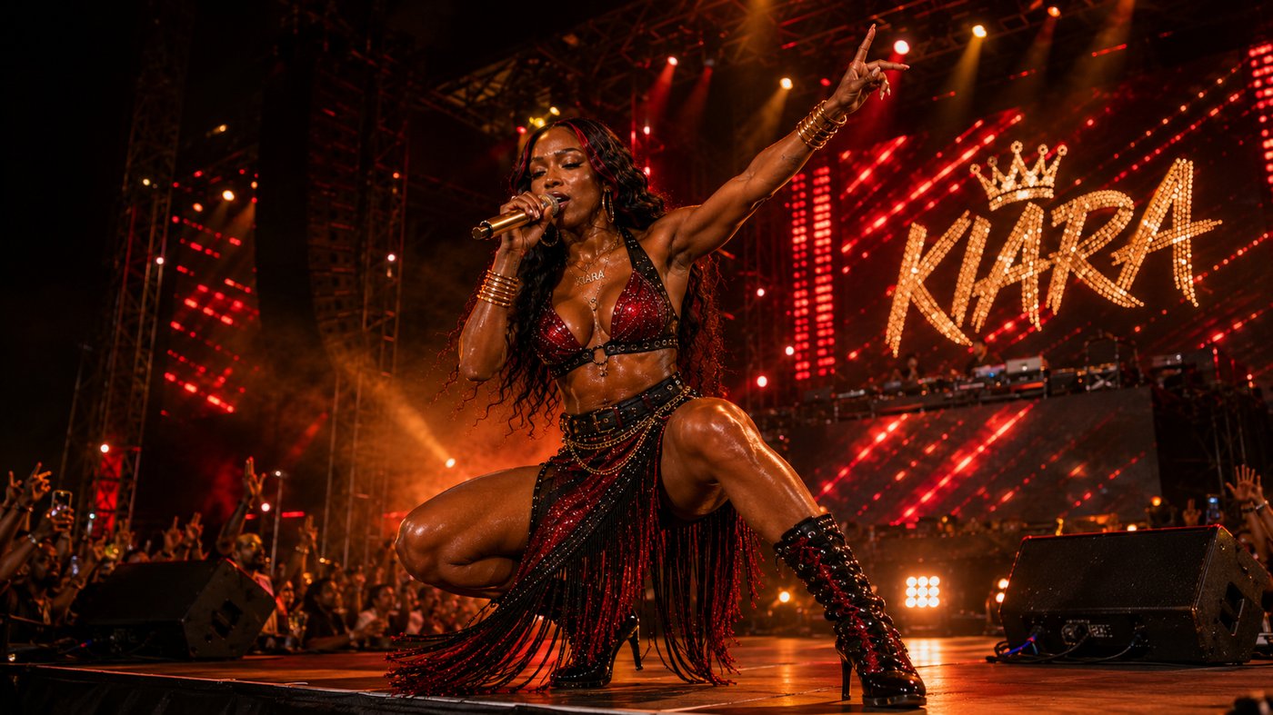 Kiara Reign kneels at the front of a stage mid-performance, gold KIARA marquee letters shining through haze behind her.