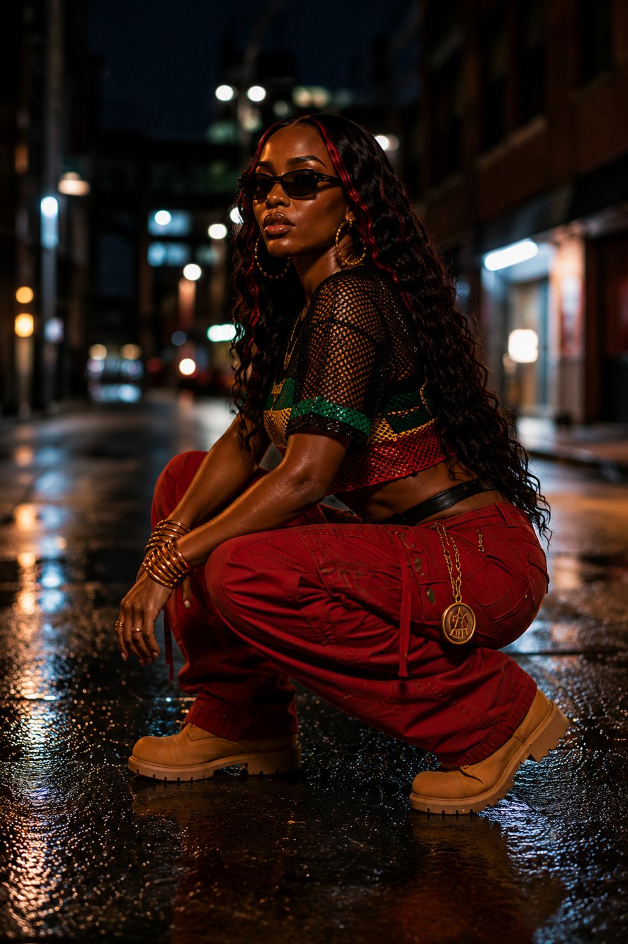 Kiara Reign crouches on a wet city street at night, neon reflections pooling on the asphalt around her boots.