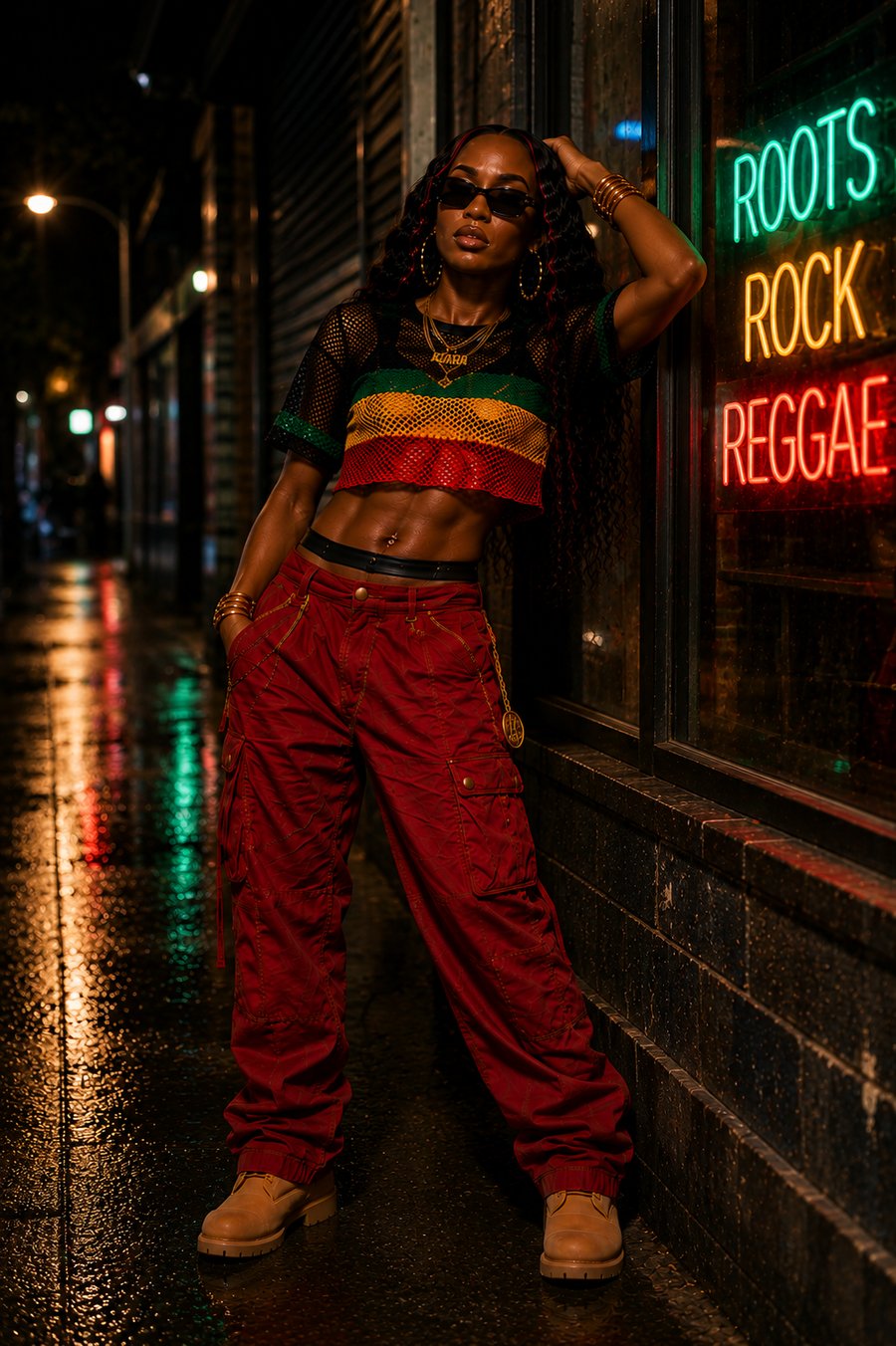 Kiara Reign leans against a wall beside a Roots Rock Reggae neon sign on a rainy street at night.