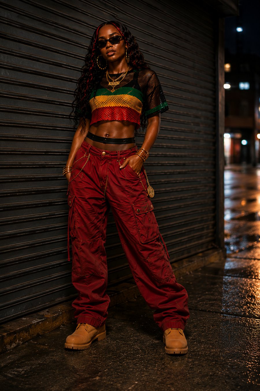 Kiara Reign poses at night in front of a closed metal roller shutter, wearing a rasta-striped mesh top and red cargo pants.