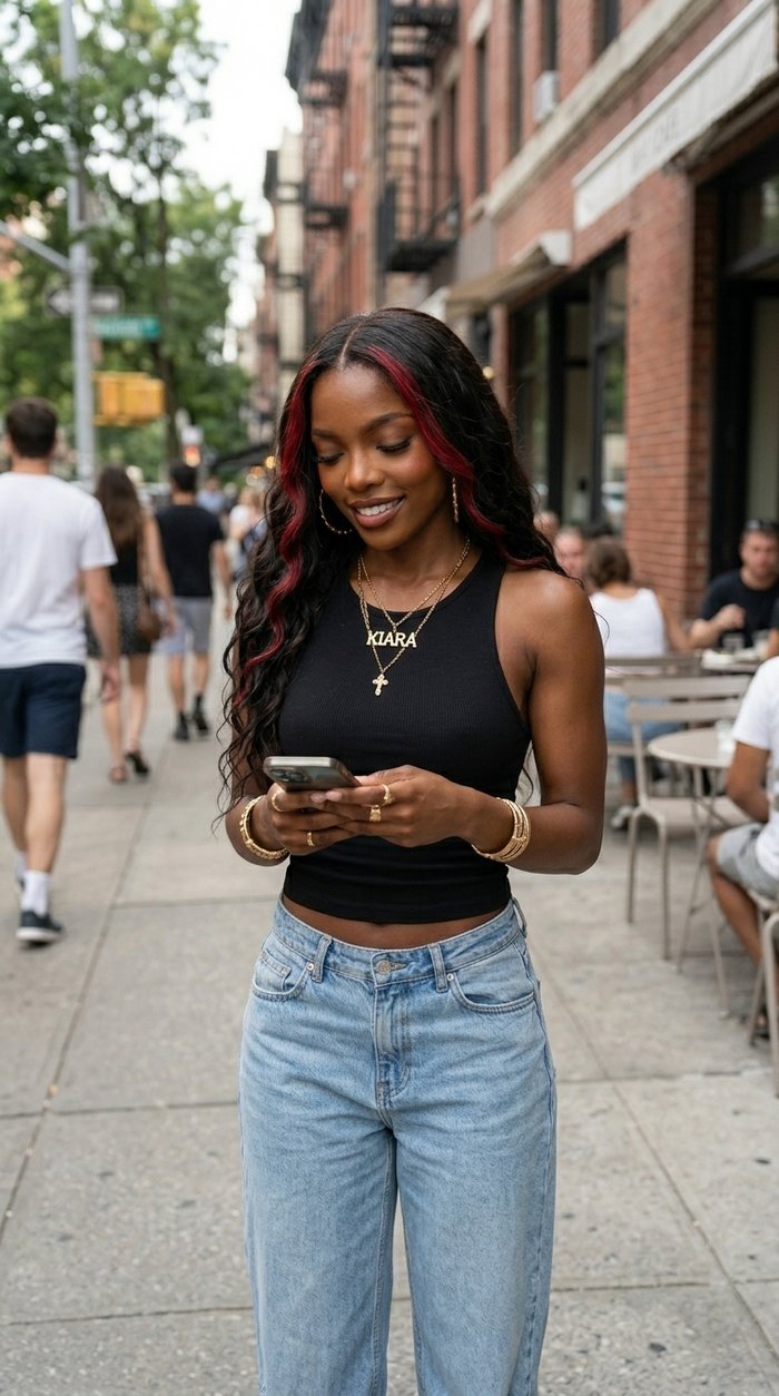 Kiara Reign looks at her phone while walking on a city sidewalk, wearing a black tank top and light blue jeans.
