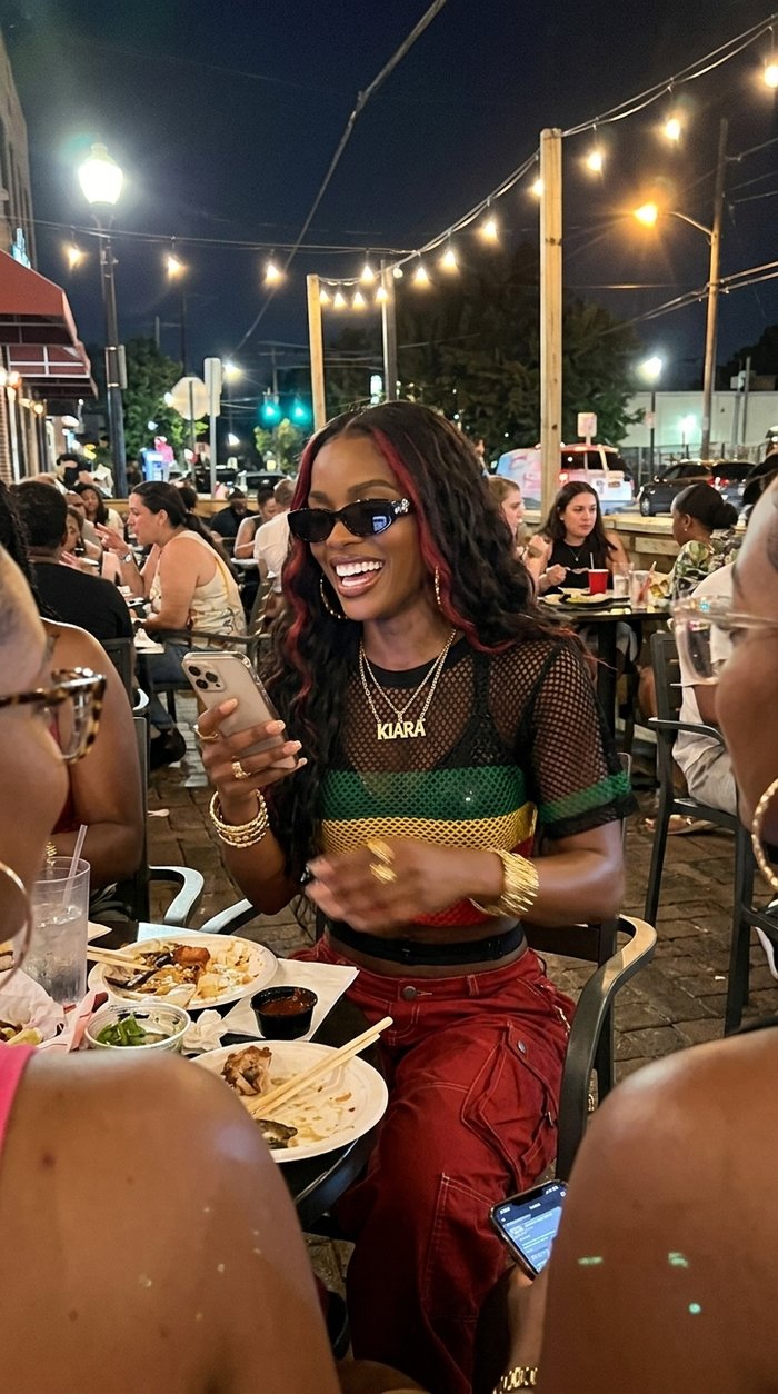 Kiara Reign laughs at an outdoor restaurant table at night, wearing sunglasses and a striped mesh top.
