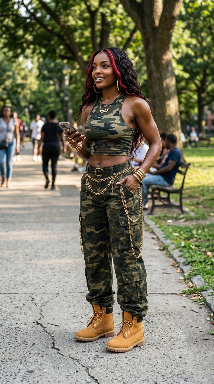 Kiara Reign stands in a sunny park in a camo top and camo cargo pants with gold chains.