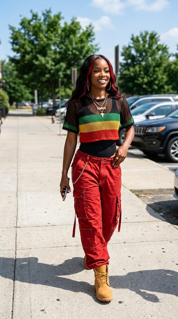Kiara Reign walks along a sidewalk in a striped mesh tee and red cargo pants.