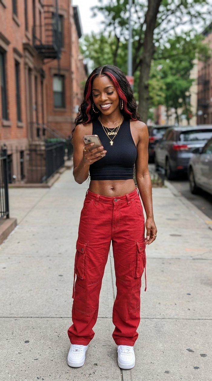 Kiara Reign smiles at her phone on a tree-lined street, wearing a black crop top and red cargo pants.