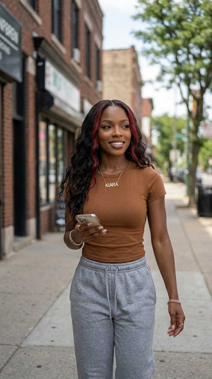Kiara Reign holds her phone on a sidewalk, wearing a brown tee and grey sweatpants.