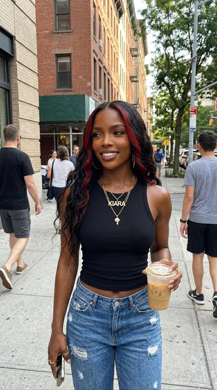 Kiara Reign carries an iced coffee on a busy street, wearing a black tank top and ripped jeans.