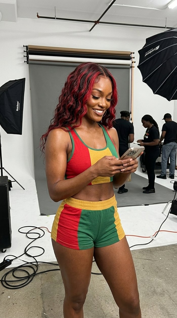 Behind the scenes at a photo studio, Kiara Reign checks her phone in a red, gold and green outfit.