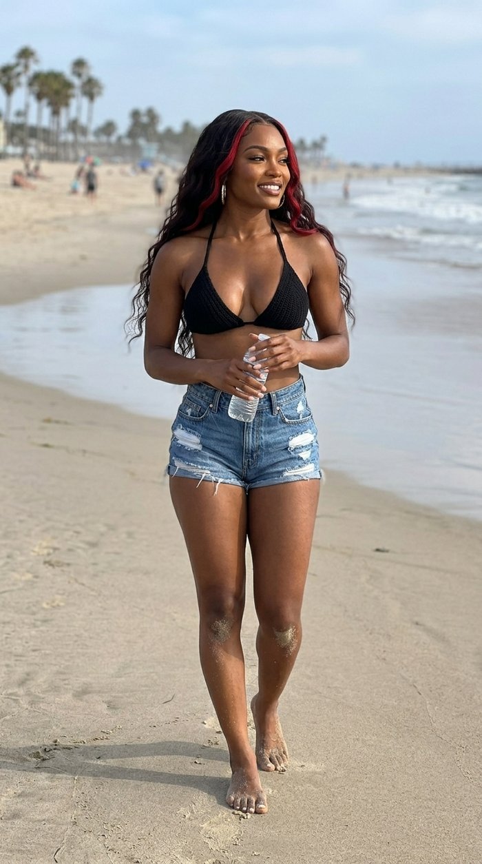 Kiara Reign walks barefoot on the beach in a black swim top and denim shorts.