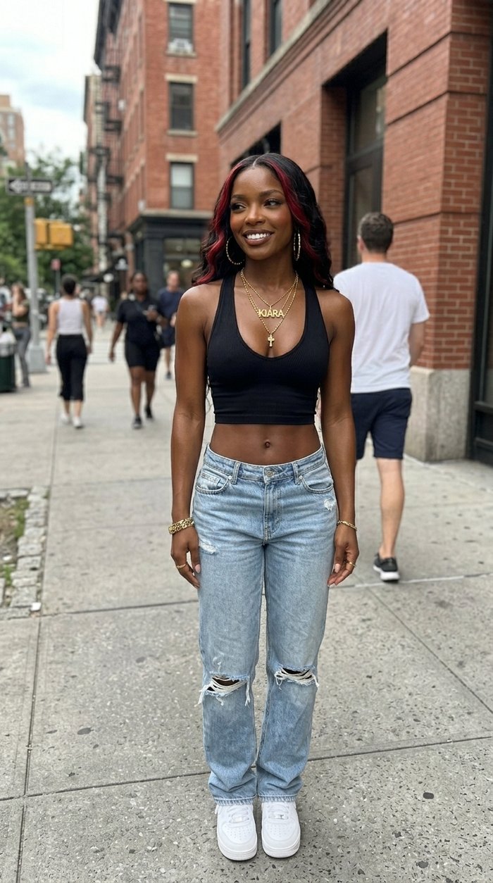 Kiara Reign stands on a sidewalk in a black halter top and light jeans.