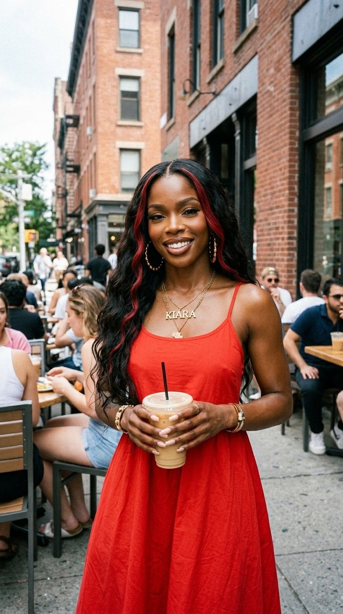 Kiara Reign holds an iced drink at a sidewalk cafe, wearing a red sundress and a KIARA necklace.