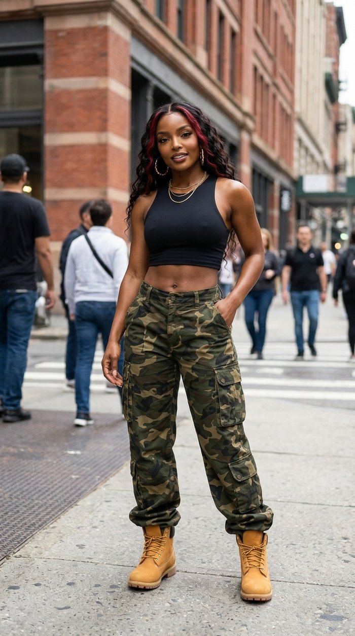 Kiara Reign stands on a city street in a black crop top, camo cargo pants and wheat boots.