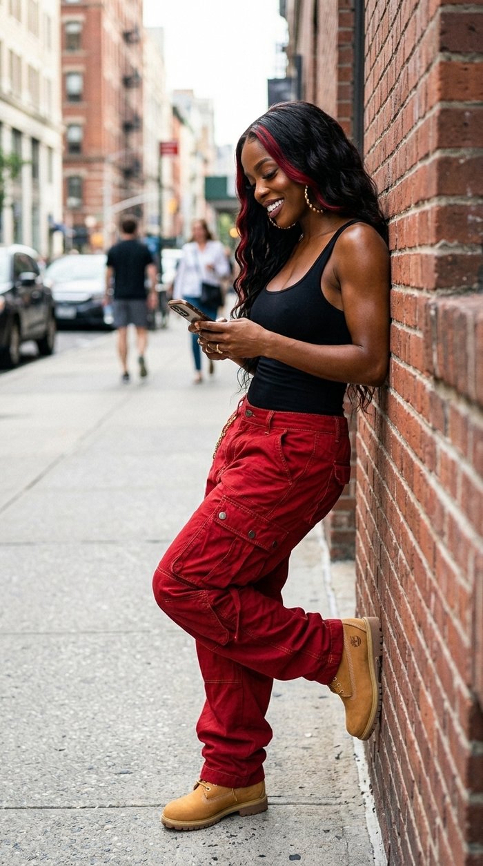 Kiara Reign leans against a brick wall looking at her phone, in a black top and red cargo pants.