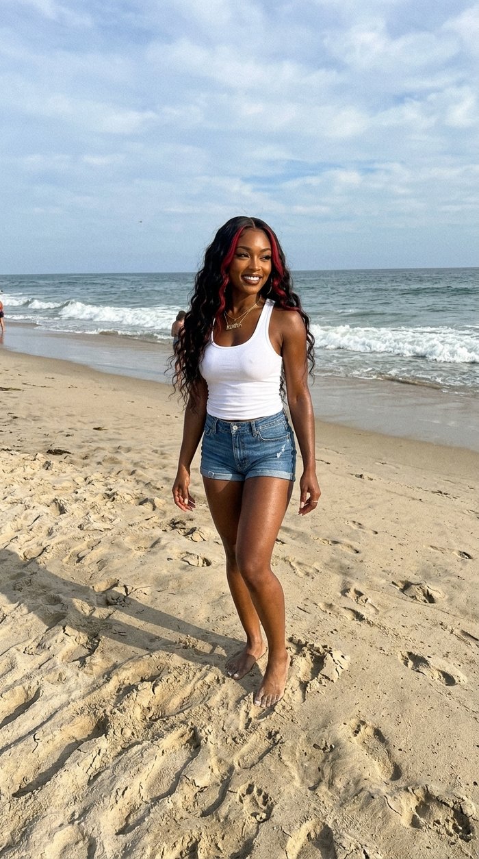 Kiara Reign walks on the sand in a white tank top and denim shorts, waves behind her.