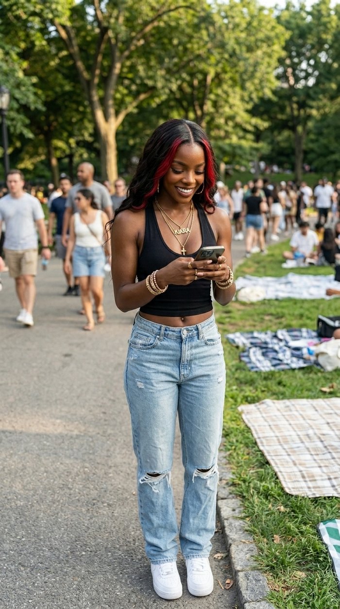 Kiara Reign checks her phone in a busy park, wearing a black tank top and ripped light jeans.