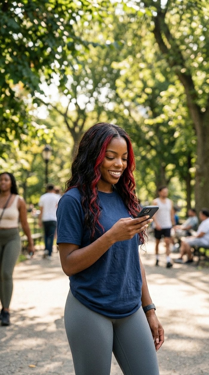 Kiara Reign smiles at her phone under park trees, in a navy tee and grey leggings.