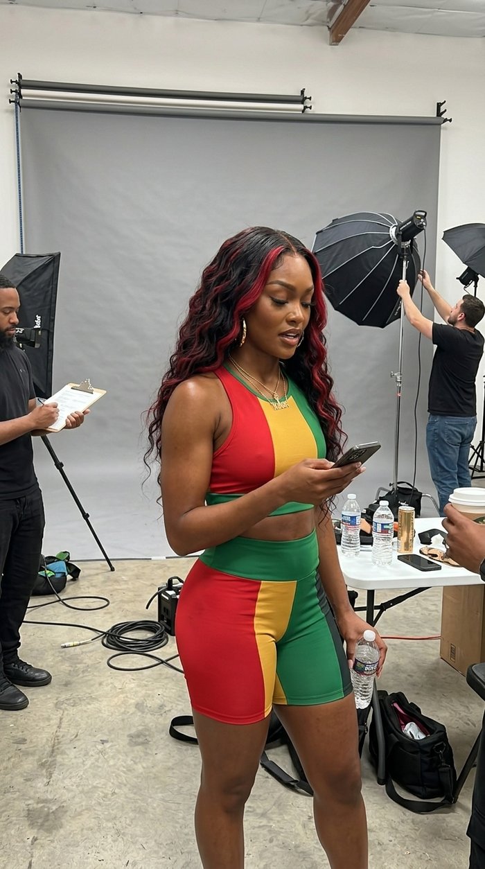 Kiara Reign reads her phone at a studio shoot, wearing a red, gold and green colorblock set.