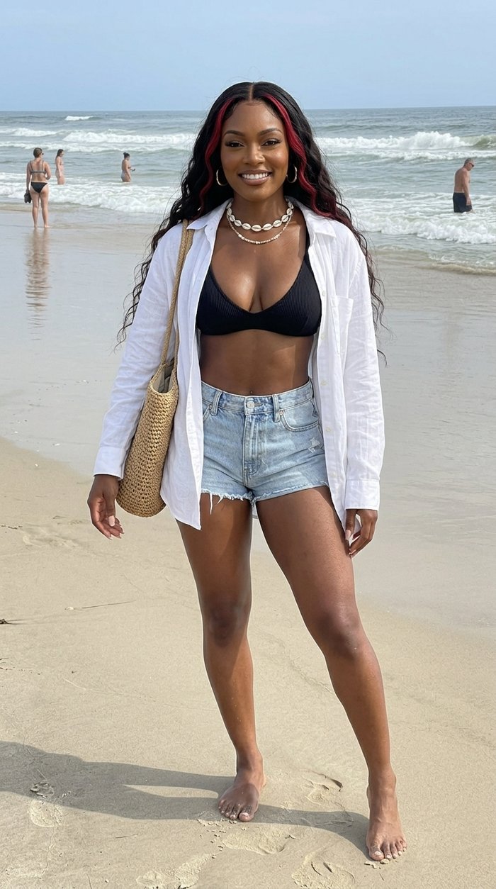 Kiara Reign stands on the beach in an open white shirt over a swim top, a straw bag on her shoulder.